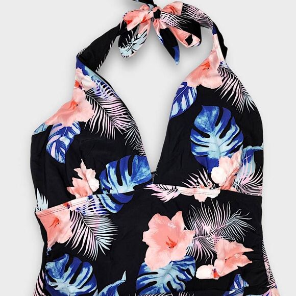 DKNY Womens Swimsuit Sz XXL Floral Navy Halter Tie High Cut Legs Ruched Tummy NW - Picture 3 of 8